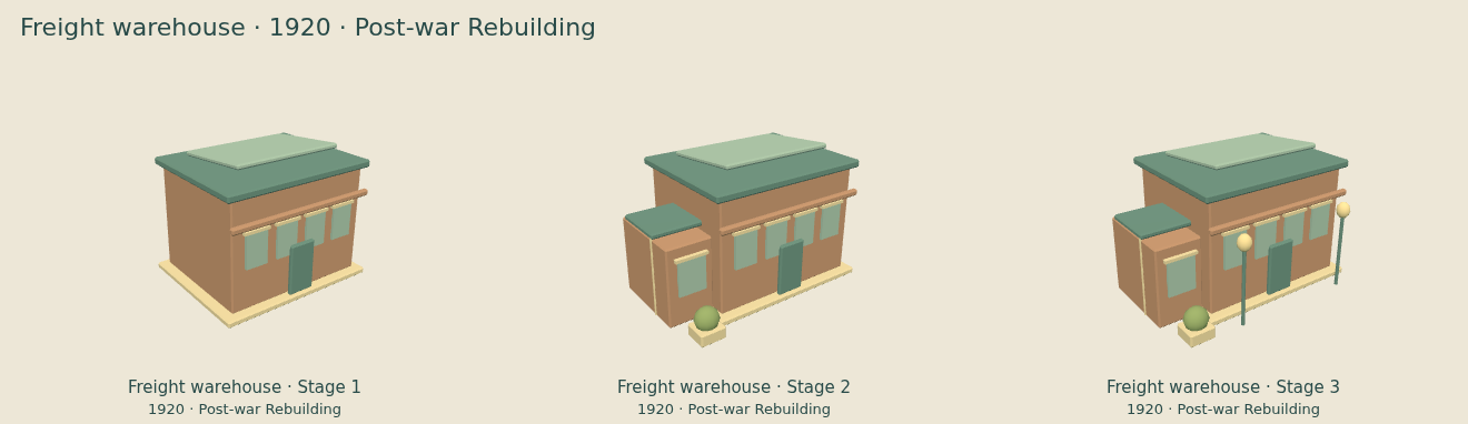 Freight warehouse — Post-war Rebuilding upgrade comparison