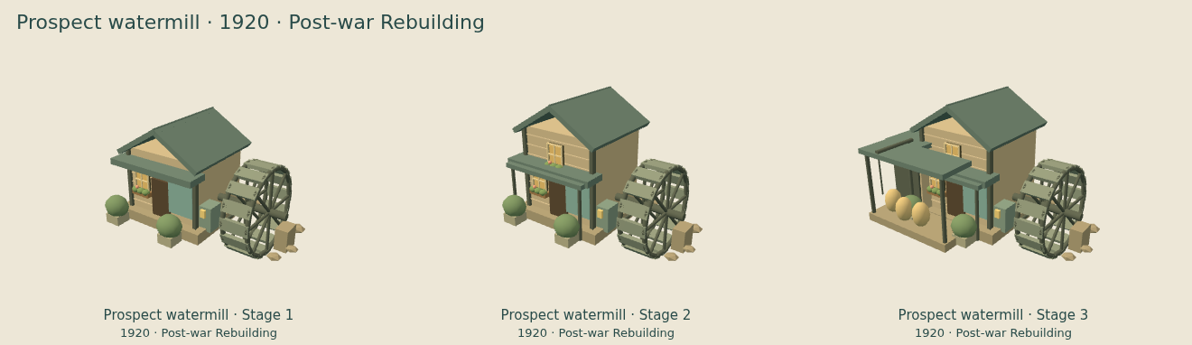 Prospect watermill — Post-war Rebuilding upgrade comparison