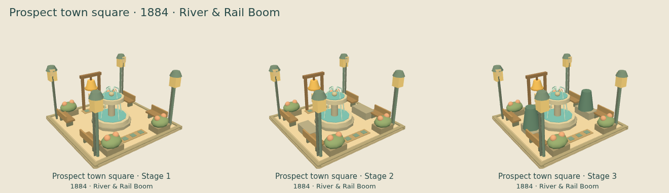 Prospect town square — River & Rail Boom upgrade comparison