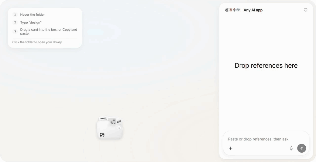 Search, scroll through references, drag one into AI, then open the full library