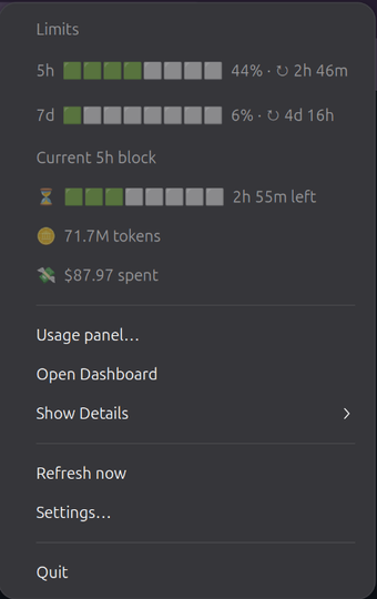 System-tray widget menu: live 5h/7d limits, current 5-hour block, and quick actions