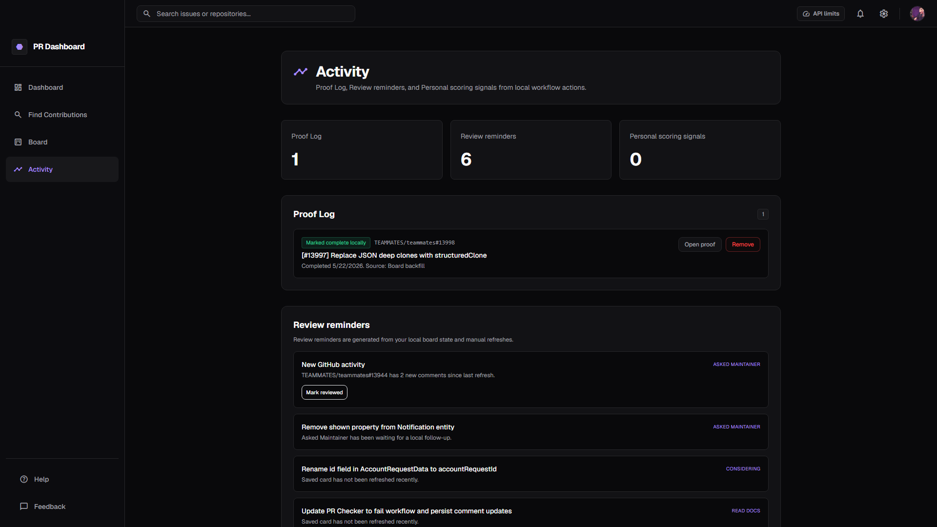 Activity view with Proof Log and Review reminders