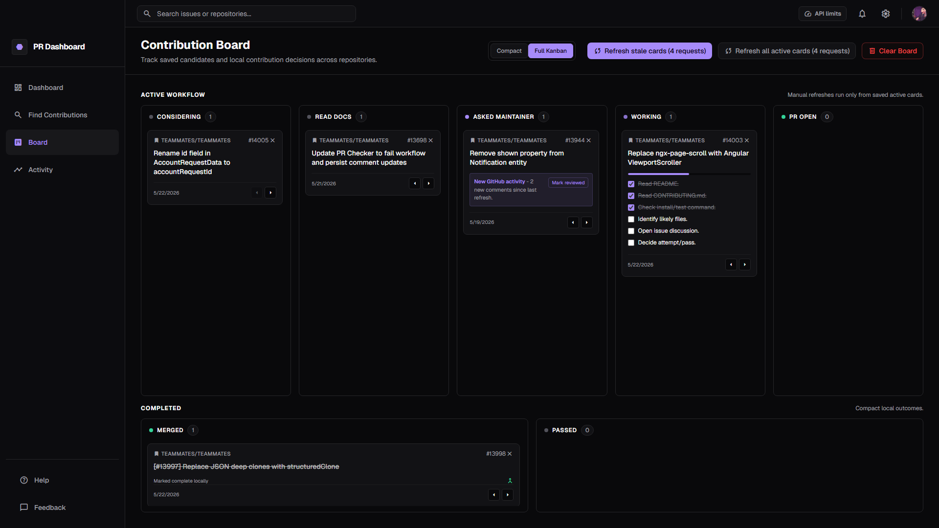 Contribution Board with active workflow lanes and a completed proof card