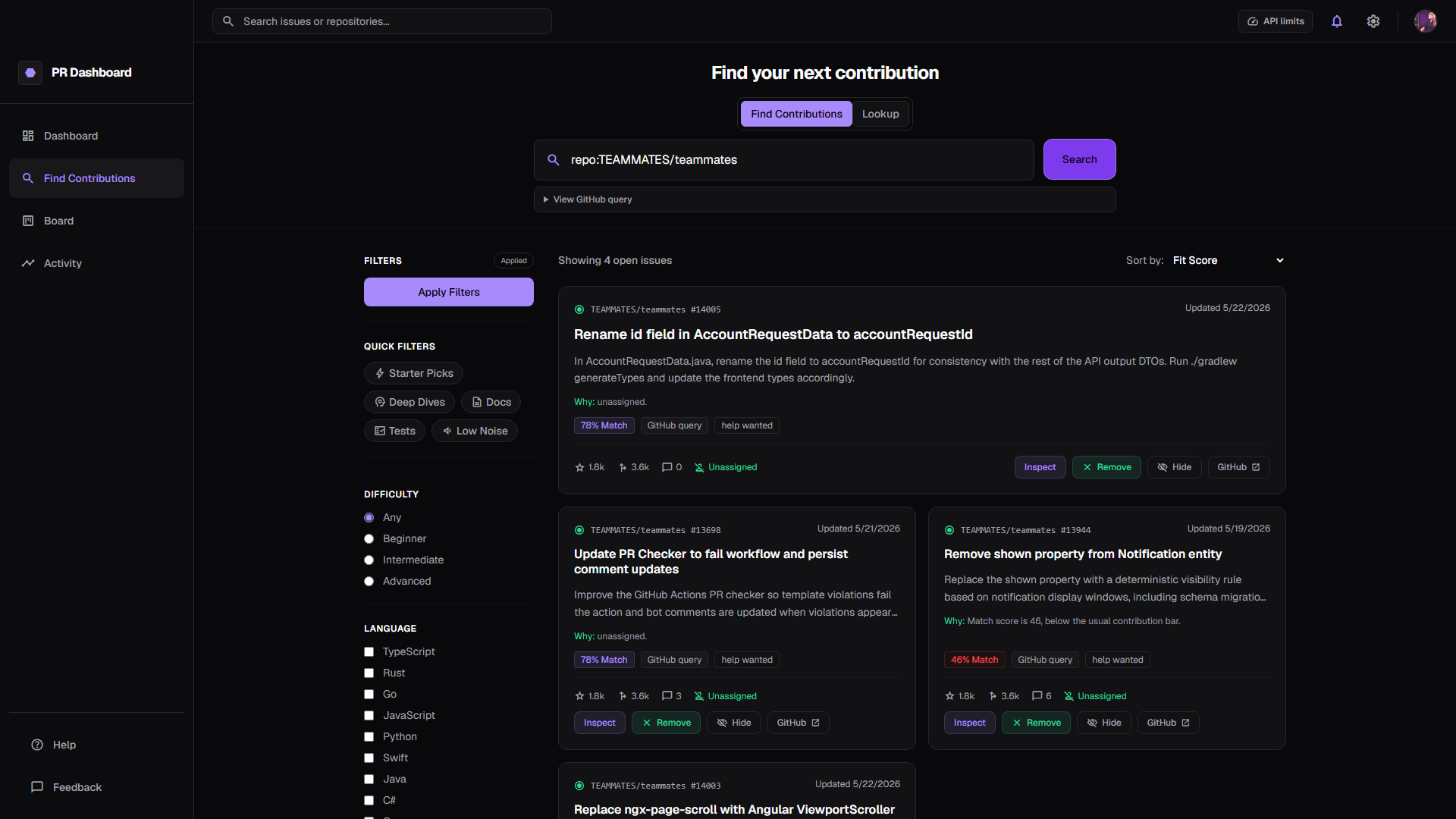 PR Dashboard Find Contributions results