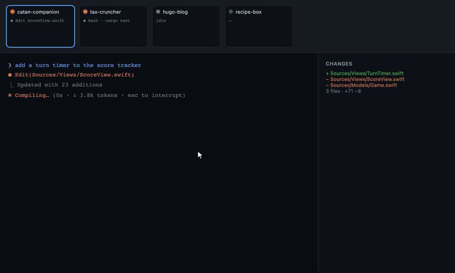 Filmstrip demo: four Claude Code projects in flight at once, status dots shifting as attention moves; one flips to awaiting-input and a click jumps to it