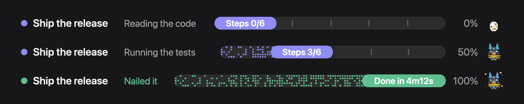 The progress bar at the start with an egg, halfway with a Pal, and finished with a Lucky Pal