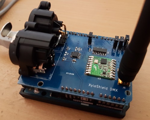 Photo of the finished XyloShield DMX on an Arduino Uno