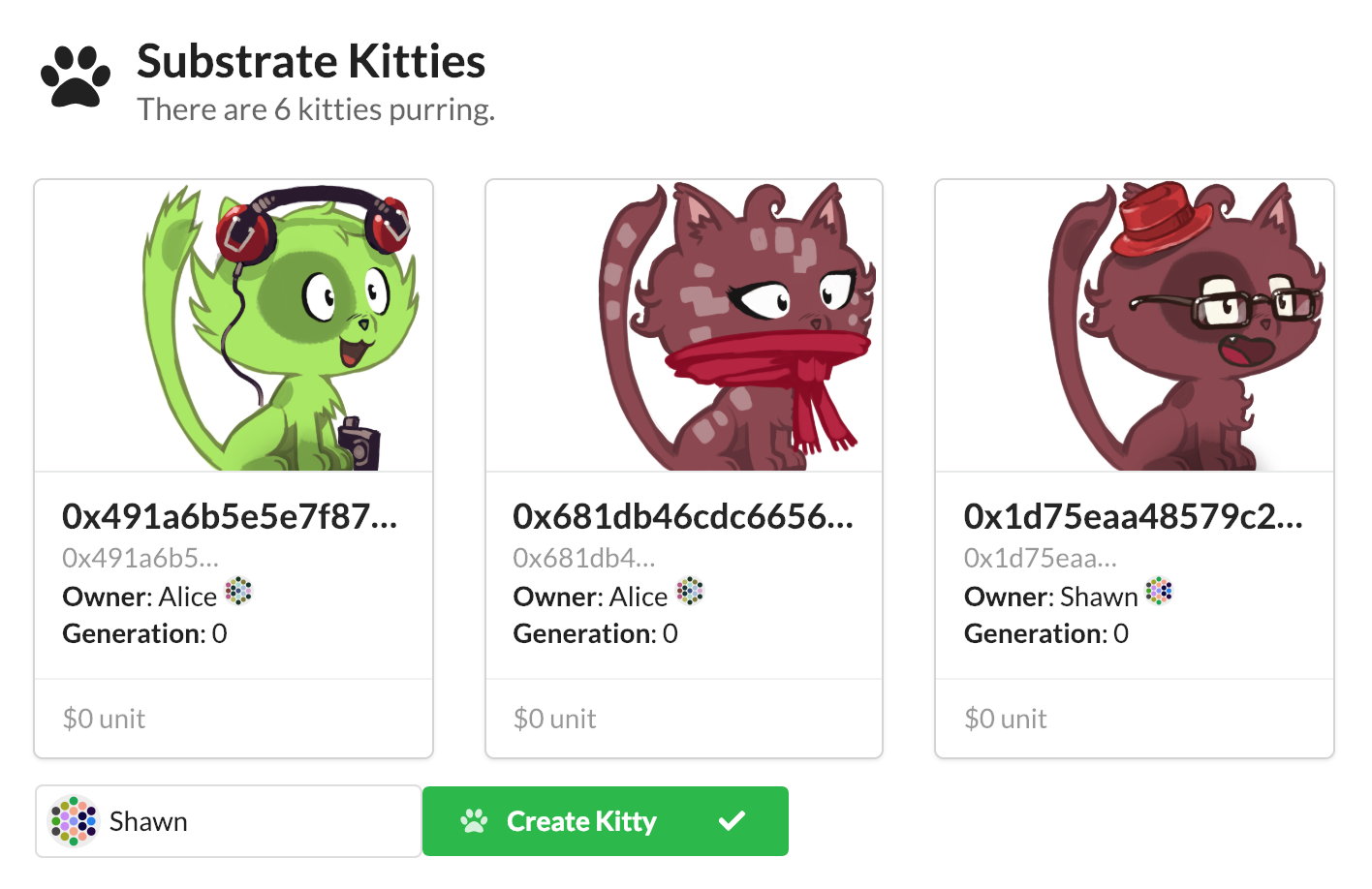 A screenshot of Substrate kitties