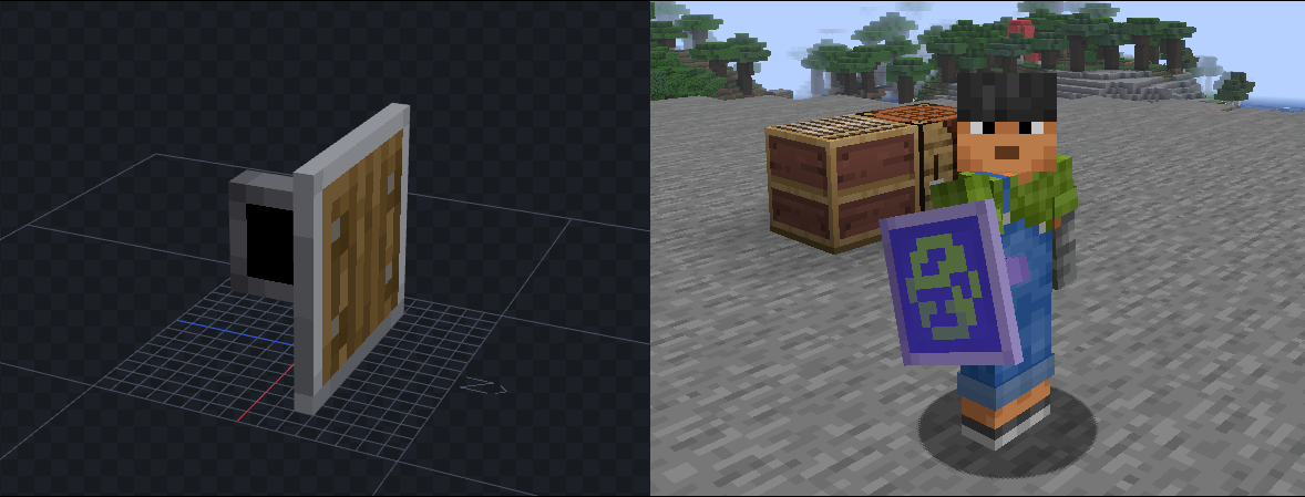 Custom square shaped shield model in Blockbench, then in-game with globe banner pattern on it