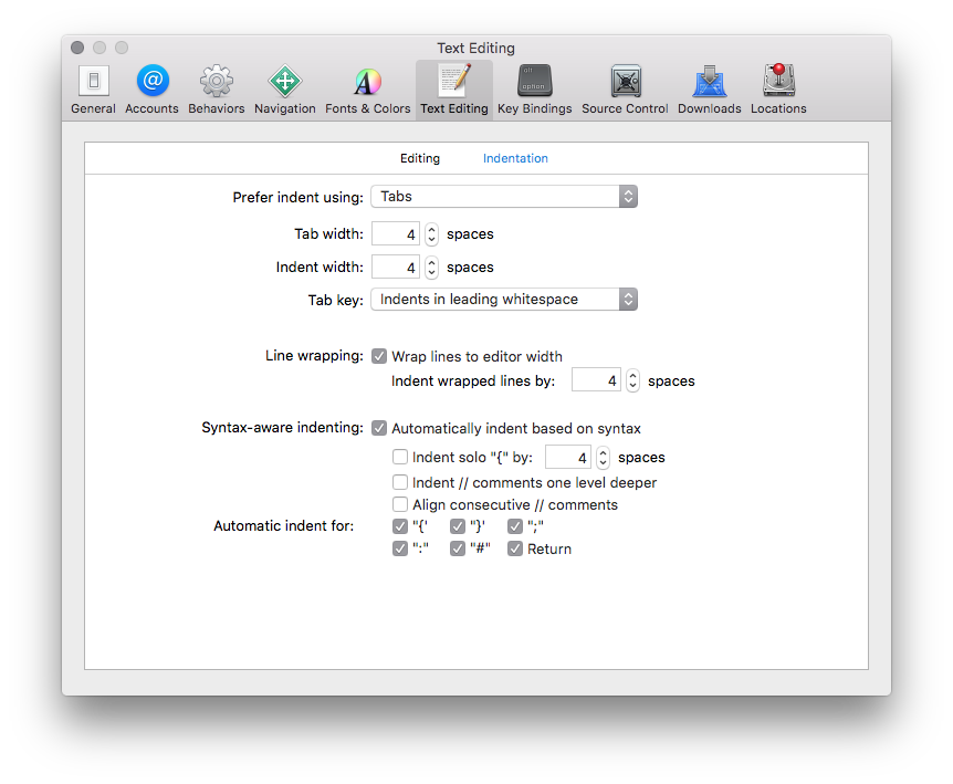 Xcode indent settings