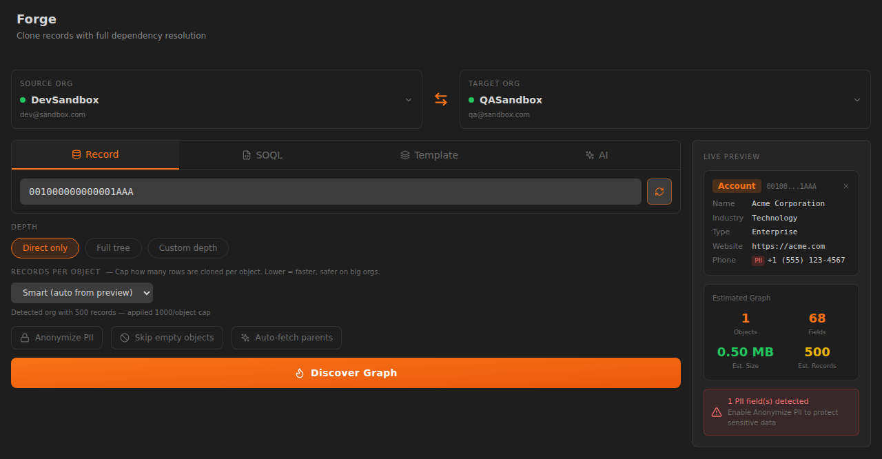 Forge — live record preview, dependency estimate and PII detection