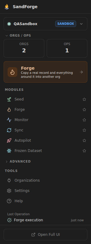 Launcher — the SandForge mark, the current org and every module, in the VS Code sidebar