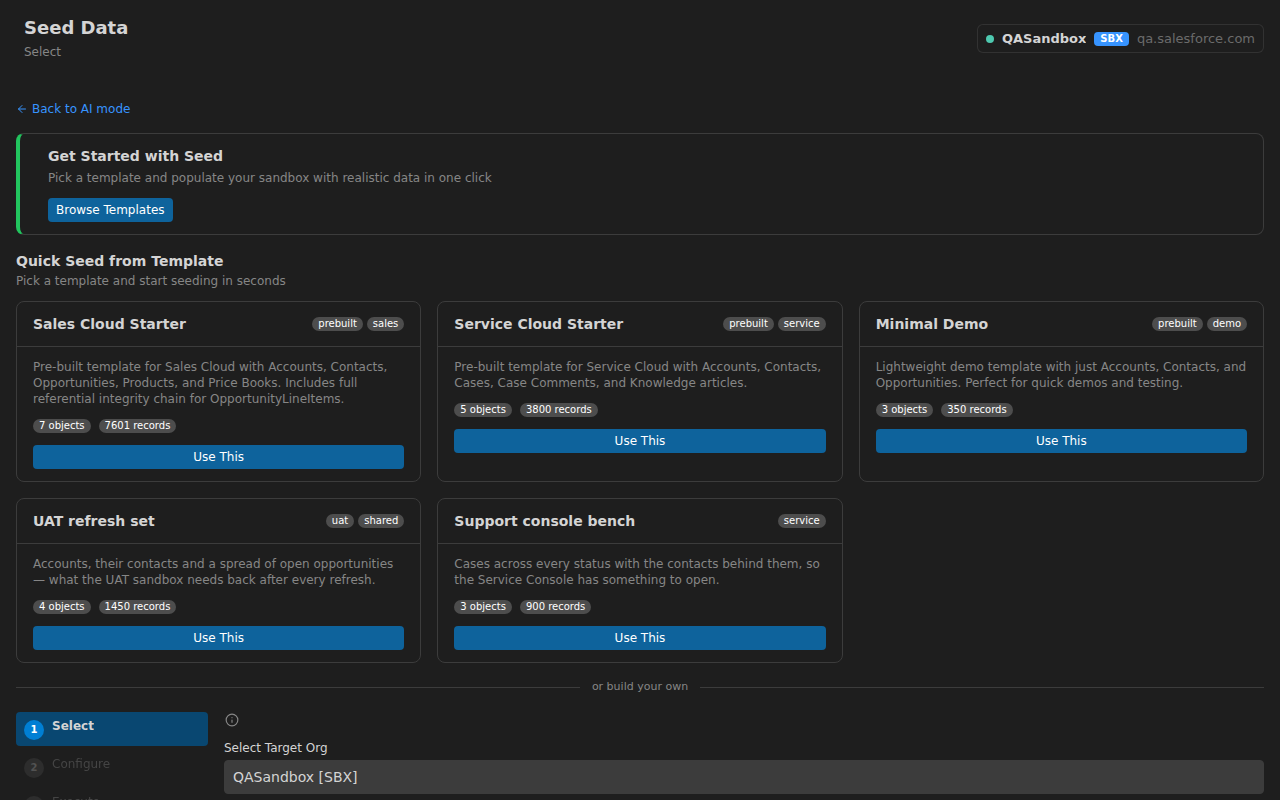 Seed — the template gallery and object picker that fill an empty dev org