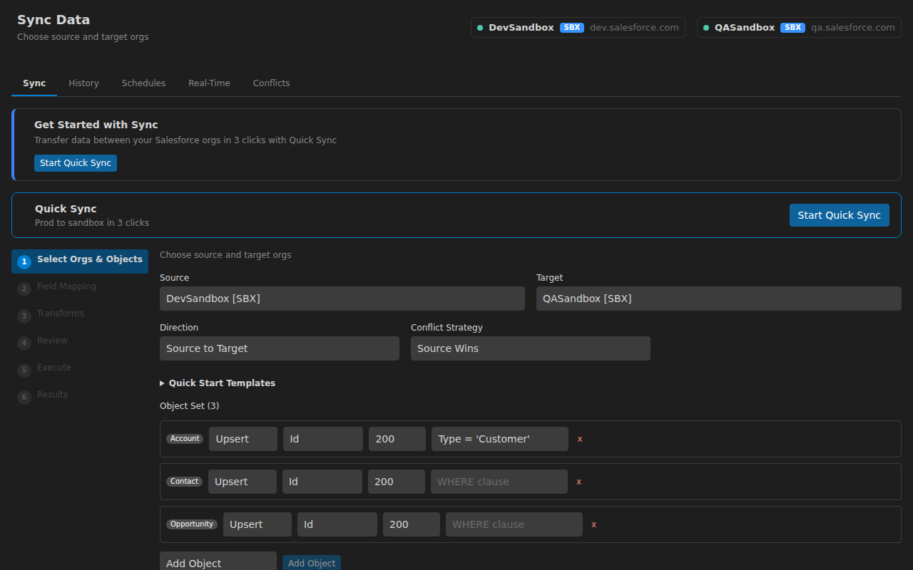 Sync — source and target orgs, direction, conflict strategy and a filtered object set