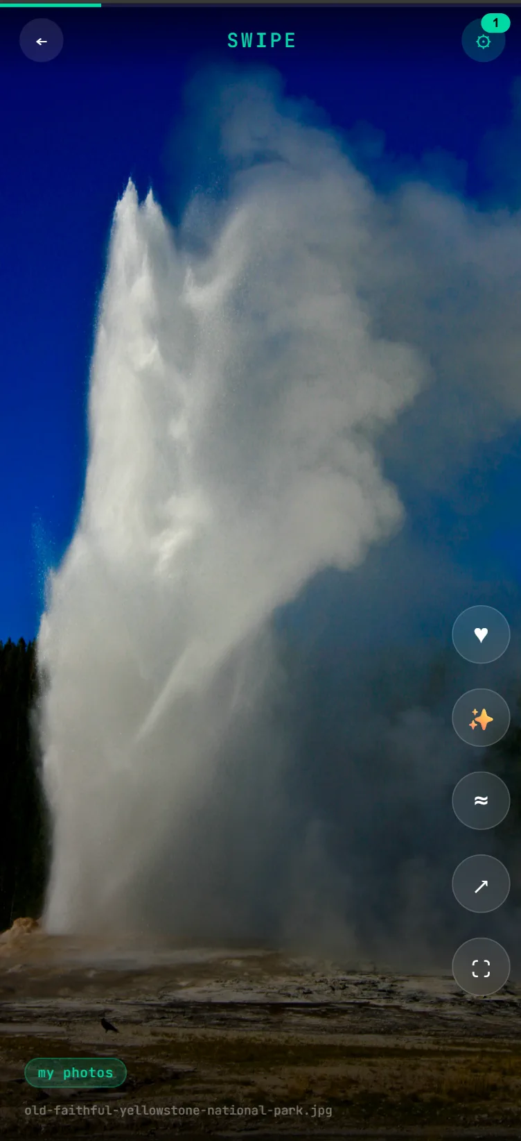 The Swipe mobile interface showing a full-bleed photo with like, similar, and open actions
