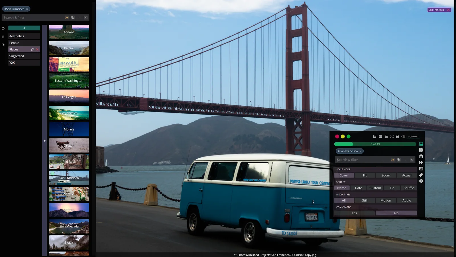 The Lowkey Media Viewer, showing a tagged photo library with the tag panel and the floating command palette open