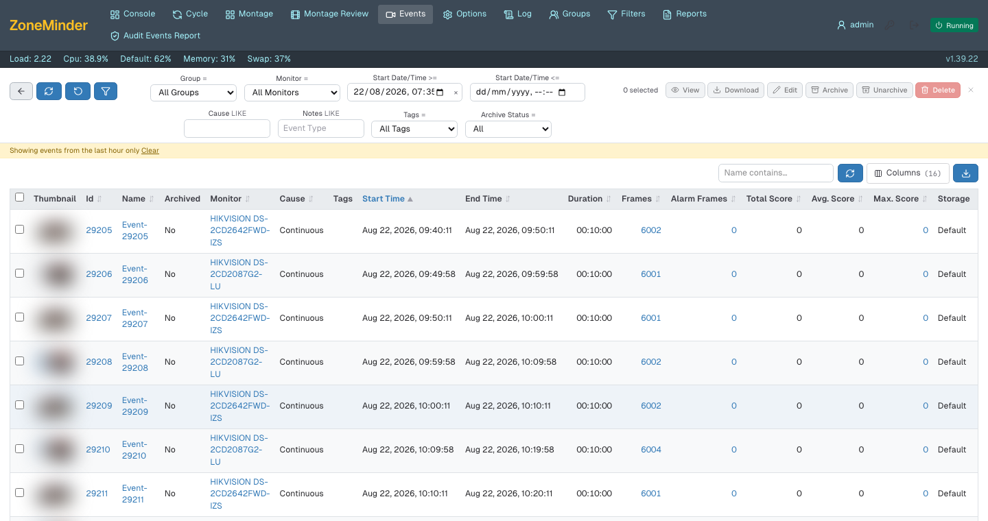 Classic events list with the legacy filter form and bootstrap-style table