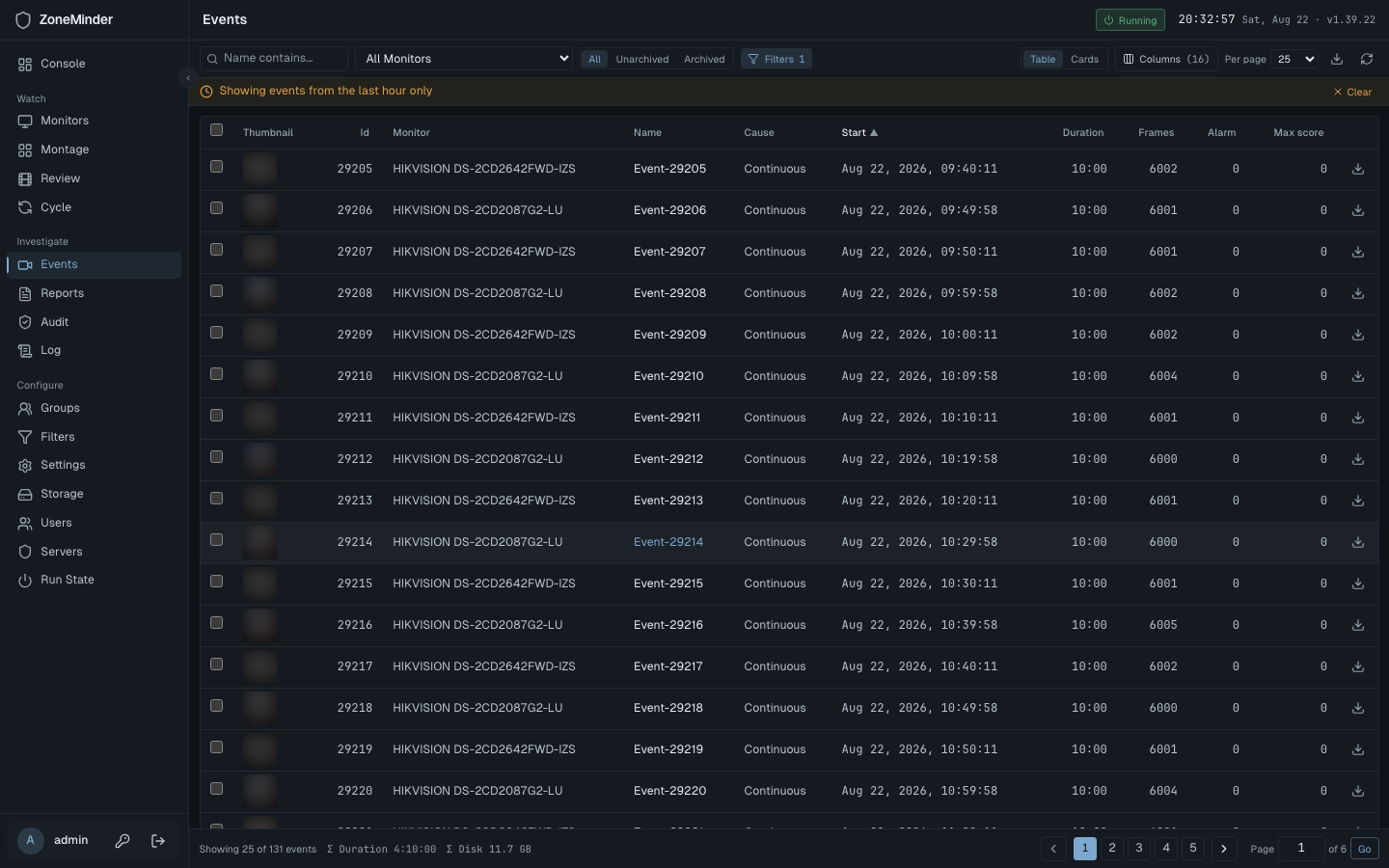 Events list: one query line, a dense sortable table, totals and pager in a status bar