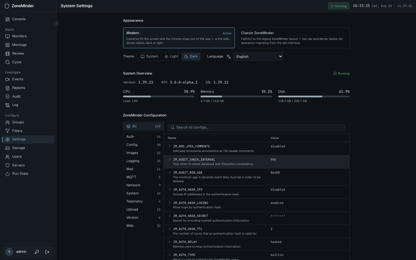 Settings: appearance, system overview and the ZoneMinder configuration editor
