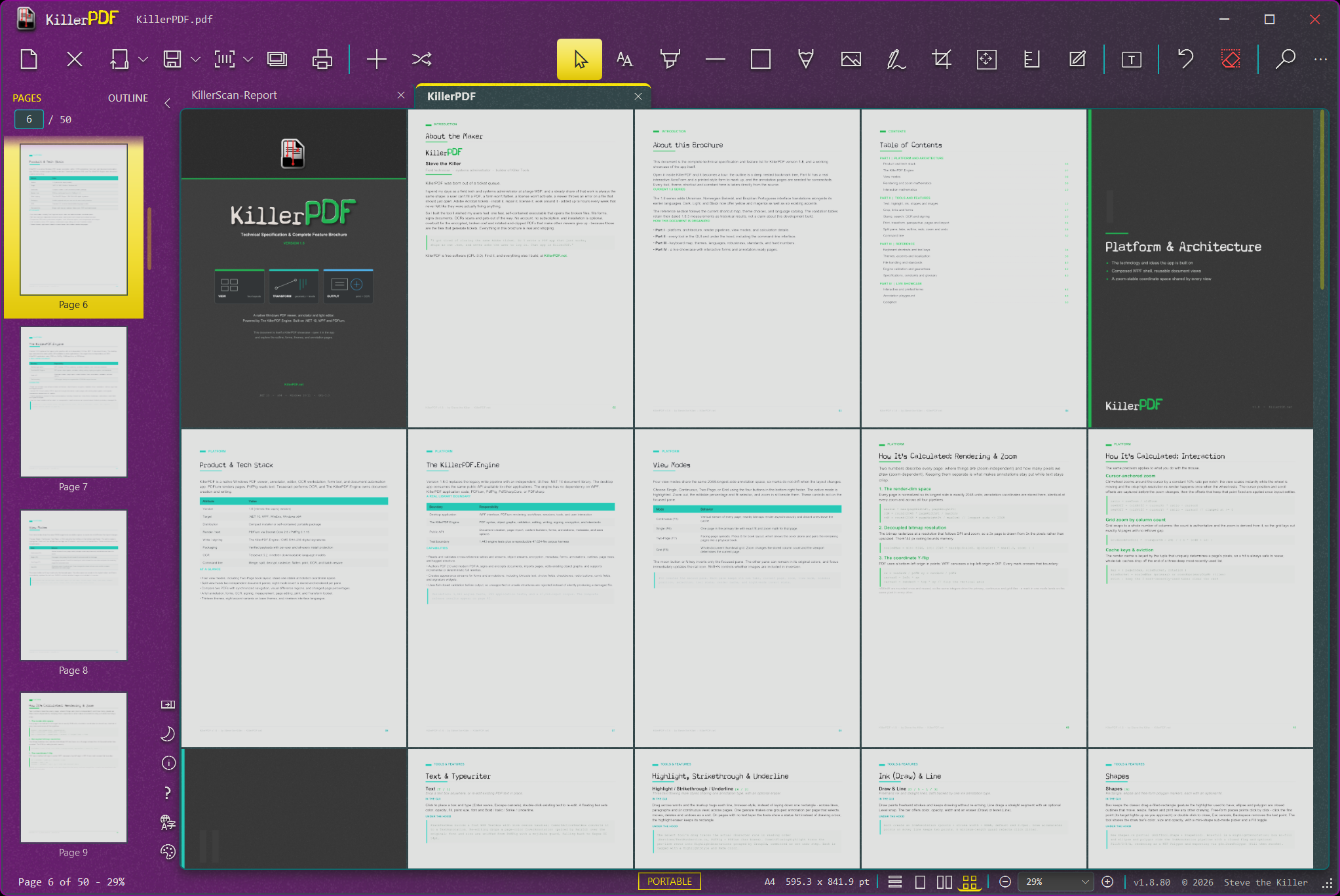 KillerPDF in Grid view showing the brochure and view and zoom controls along the footer
