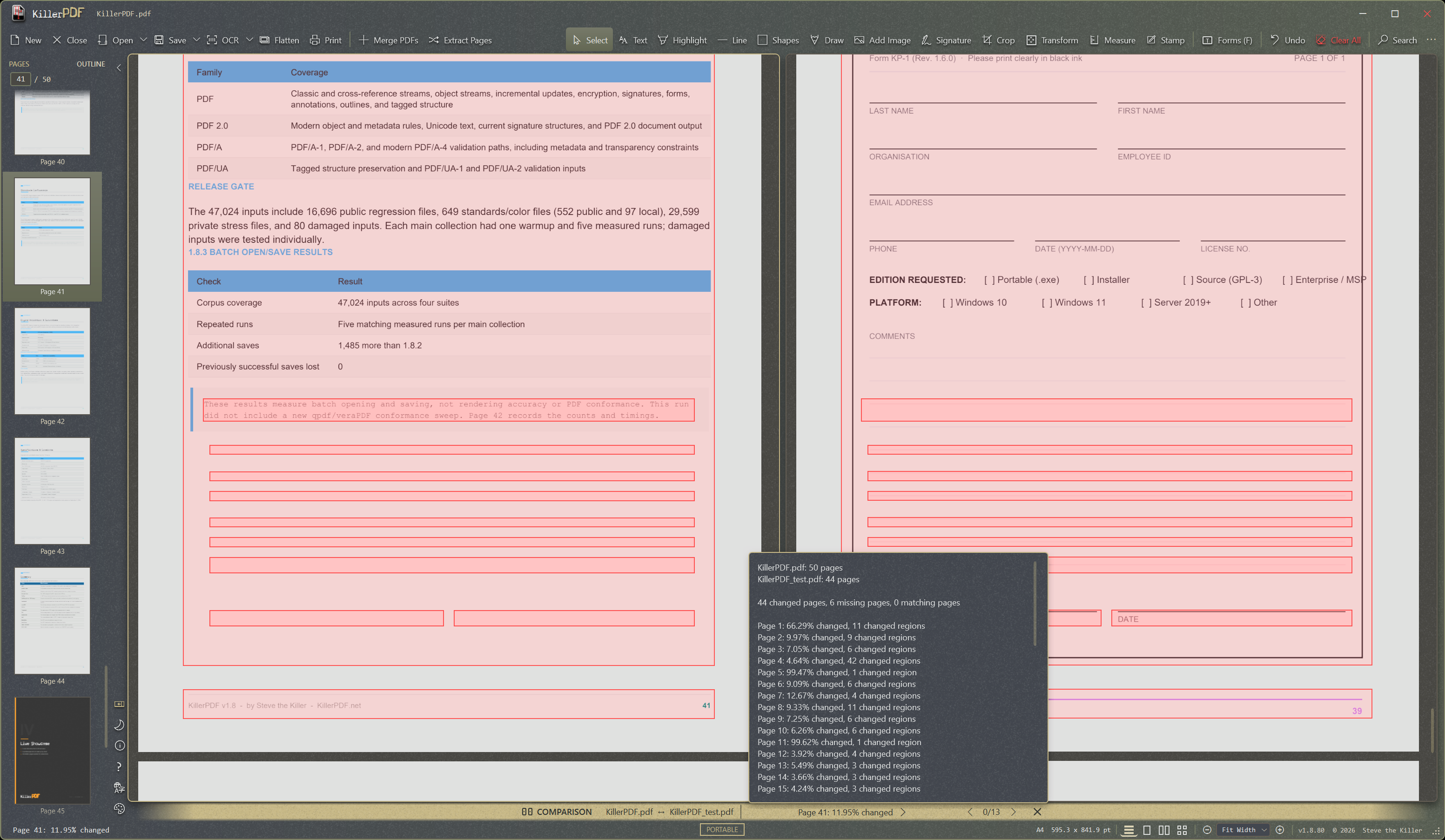 KillerPDF comparing two PDFs side by side with highlighted changes and a page-difference summary