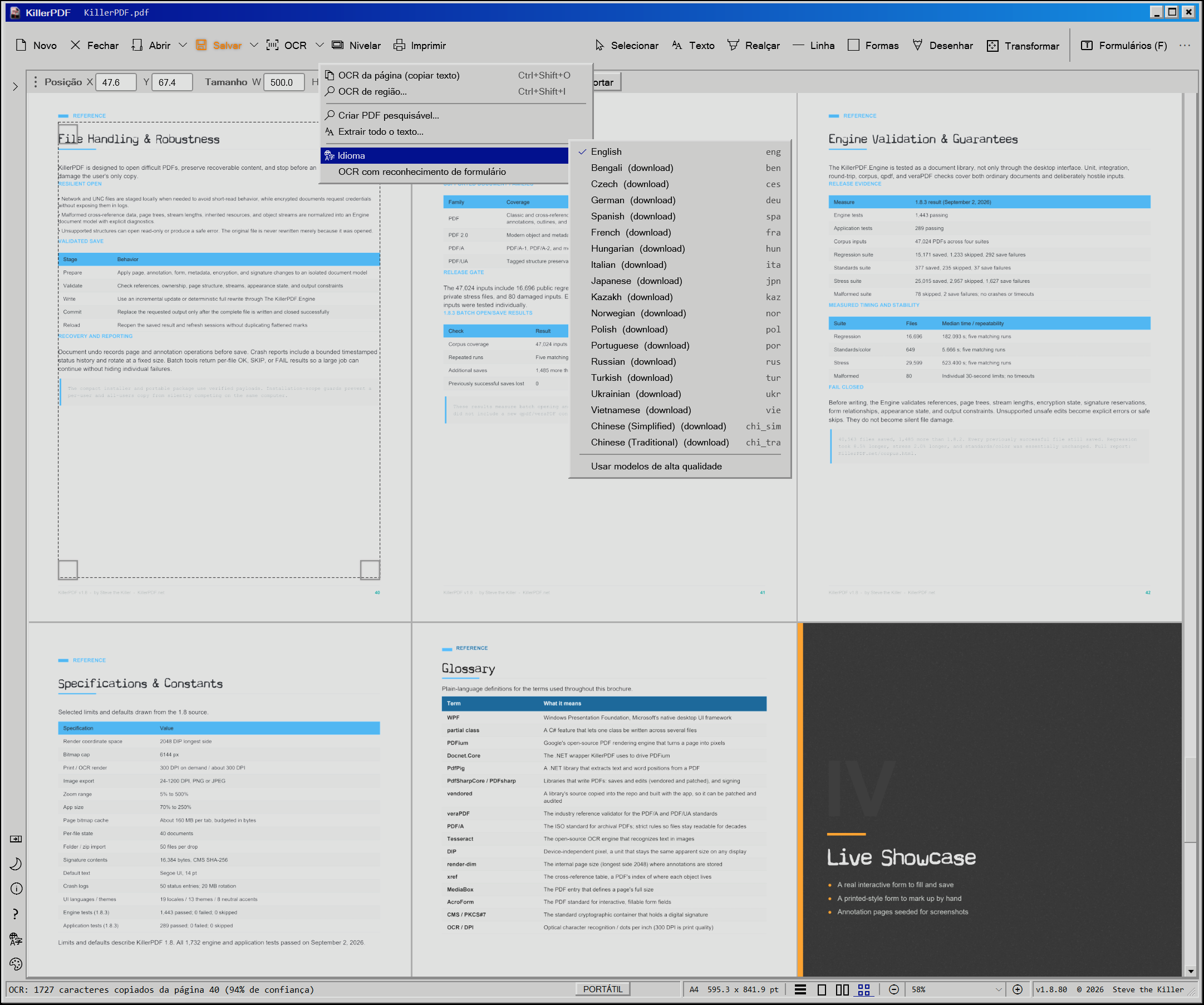 KillerPDF OCR menu with a list of downloadable languages in the Portuguese interface and 98SE theme