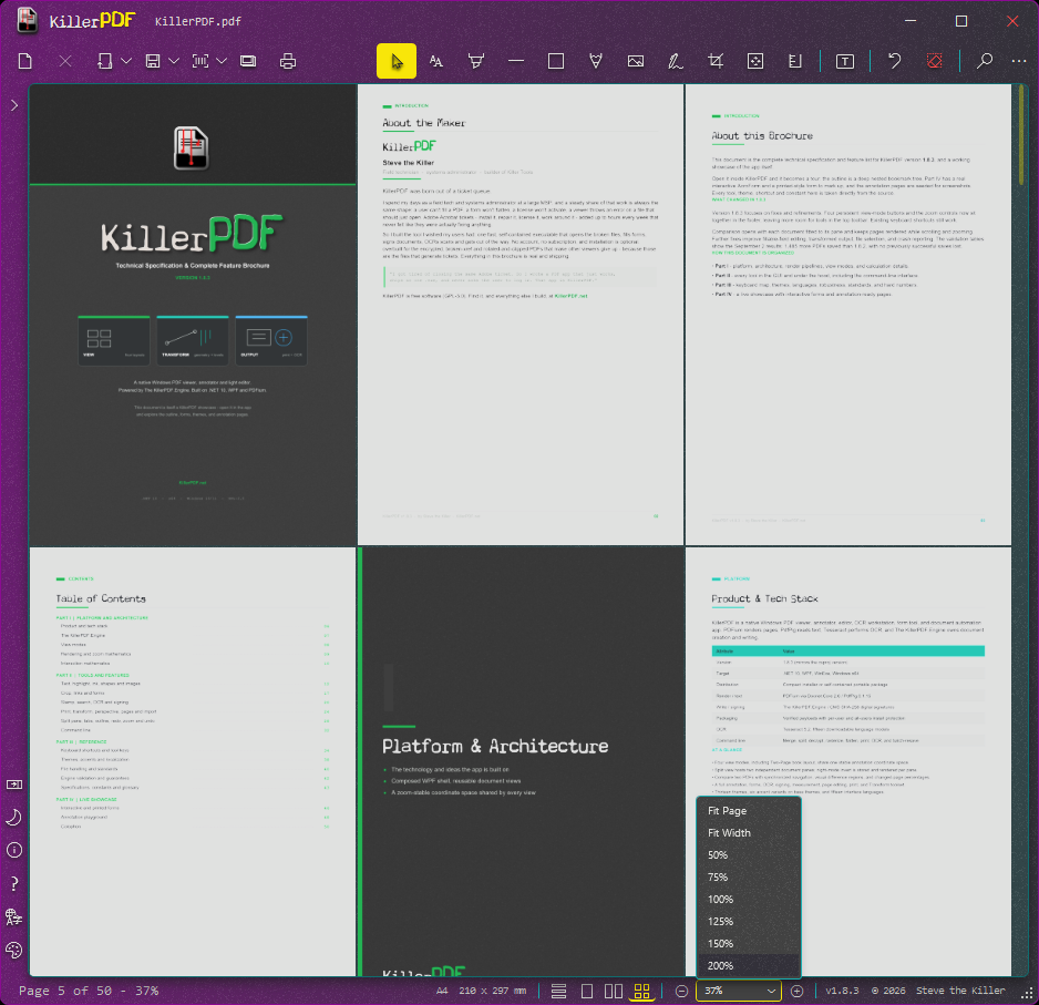 KillerPDF in Grid view with four view-mode buttons and the zoom menu in the footer