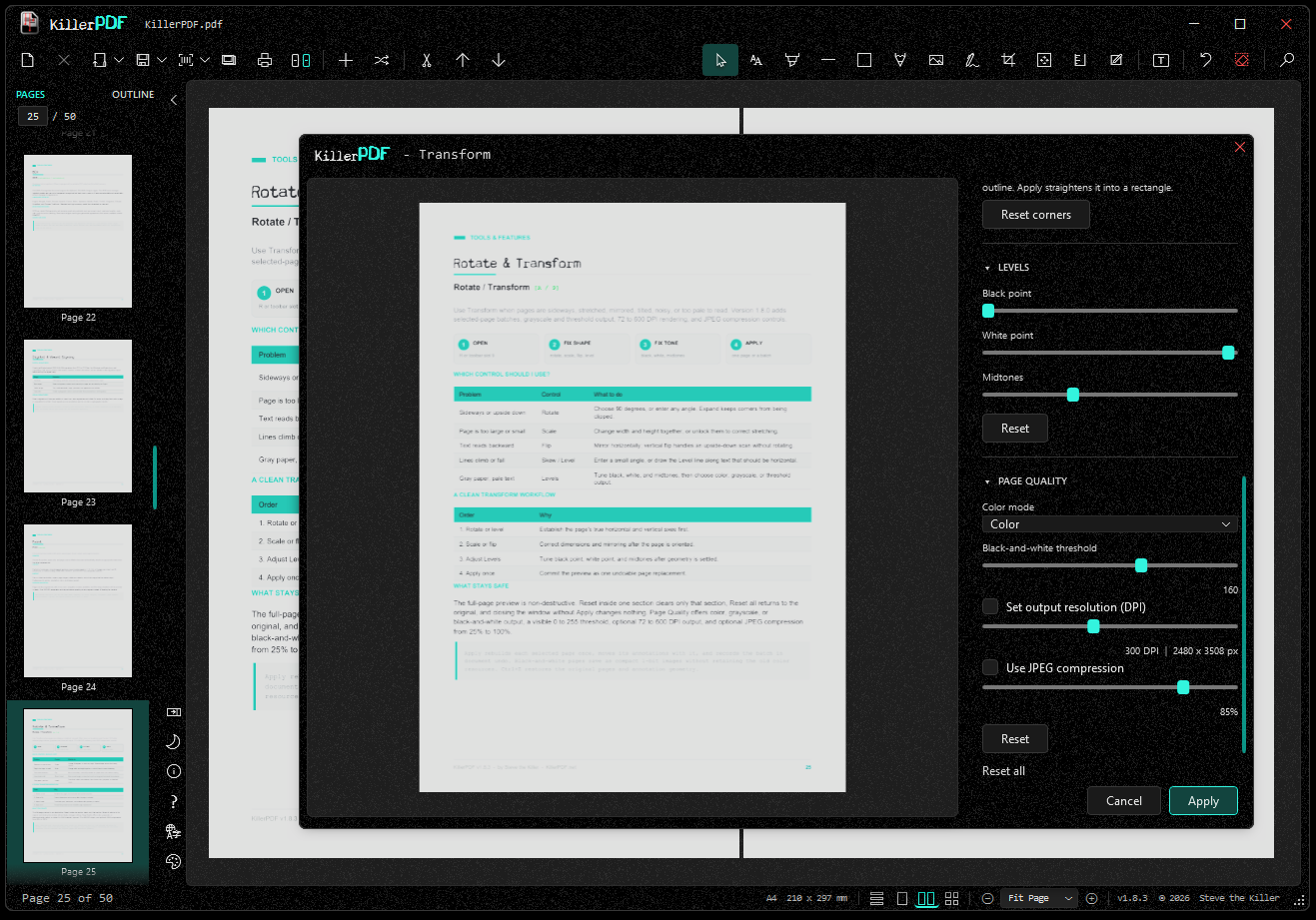 KillerPDF Transform preview with levels, color mode, DPI, output pixel dimensions, and JPEG compression controls