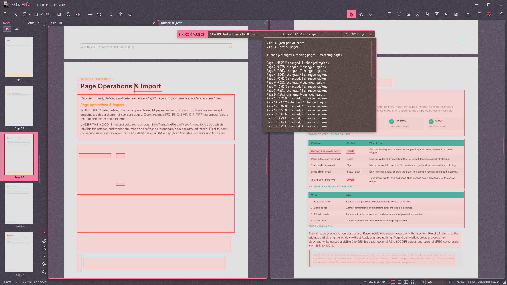 KillerPDF comparing two PDFs side by side, with highlighted changes and a page-difference summary open
