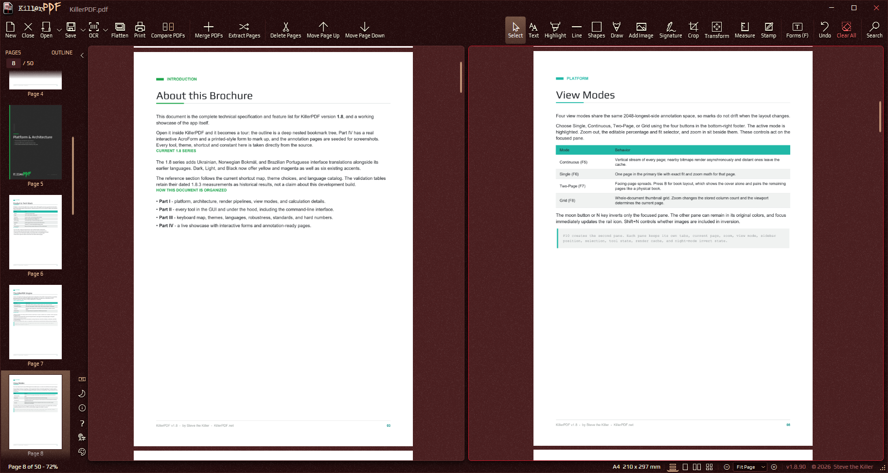 KillerPDF showing two documents side by side in dual pane view with the Blood theme