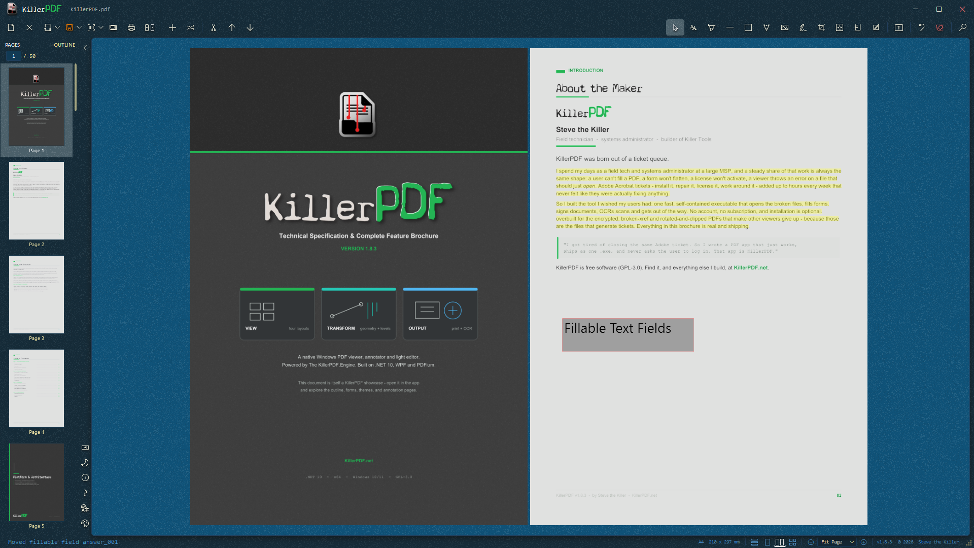 KillerPDF in Two-Page view with highlighted text and a fillable text field on the right page