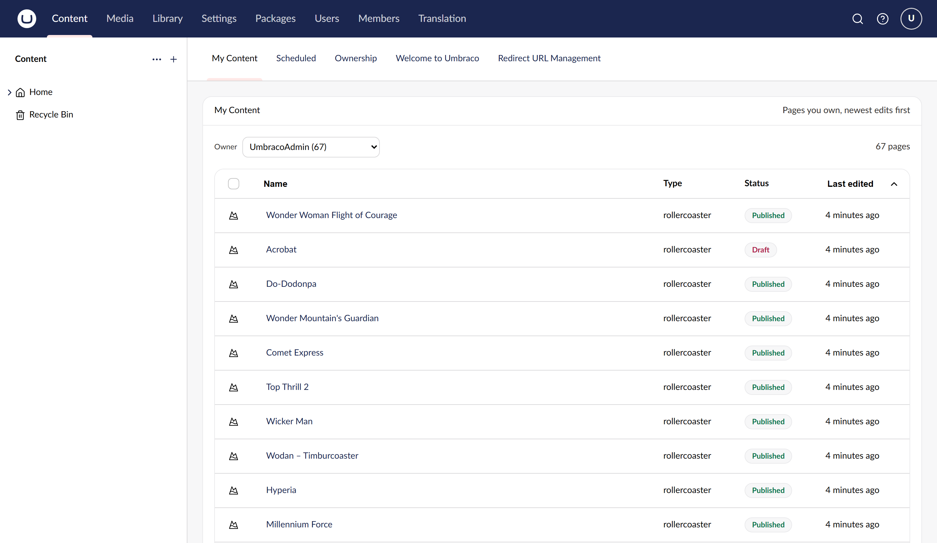 The My Content tab: every page you own, with its type, publish status and how long since it was edited