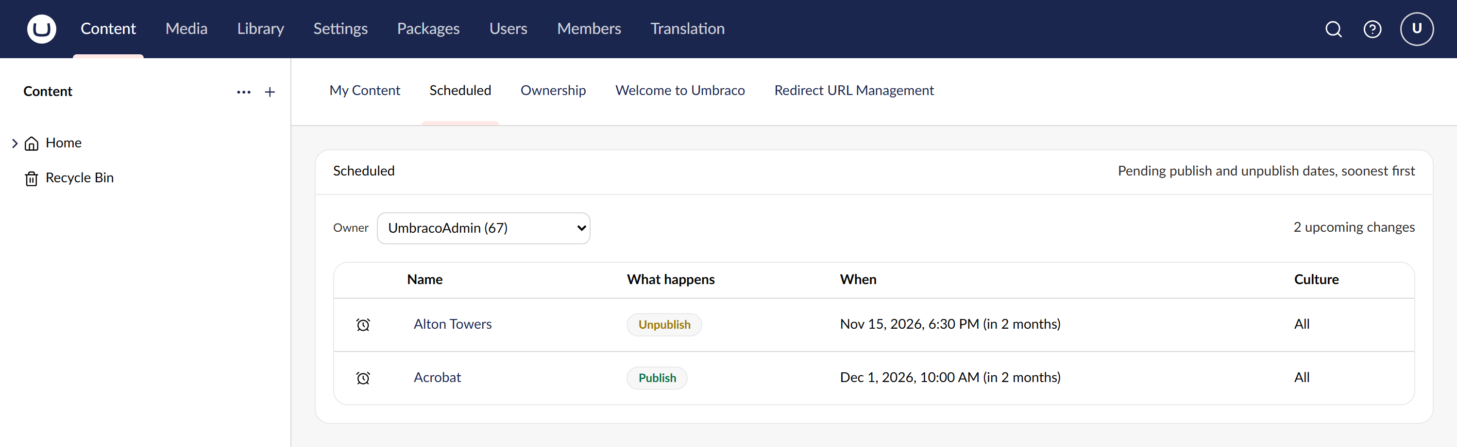 The Scheduled tab: pending publish and unpublish dates, soonest first