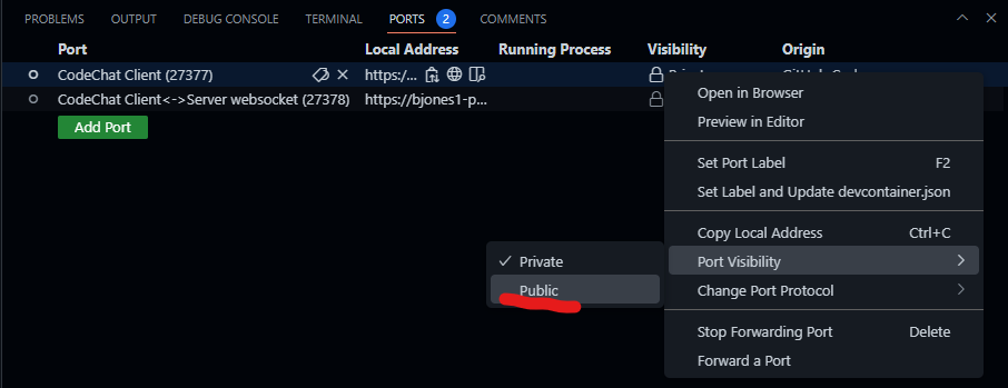 Changing port visibility to public