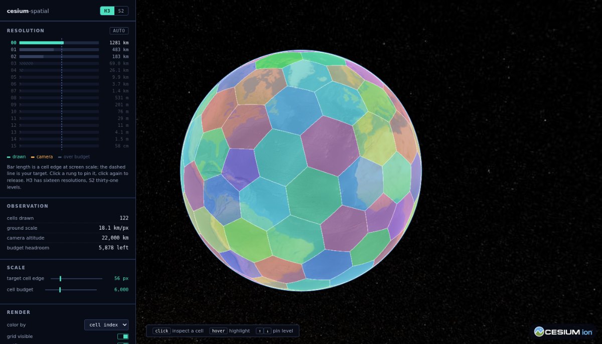 H3 cells drawn over a Cesium globe