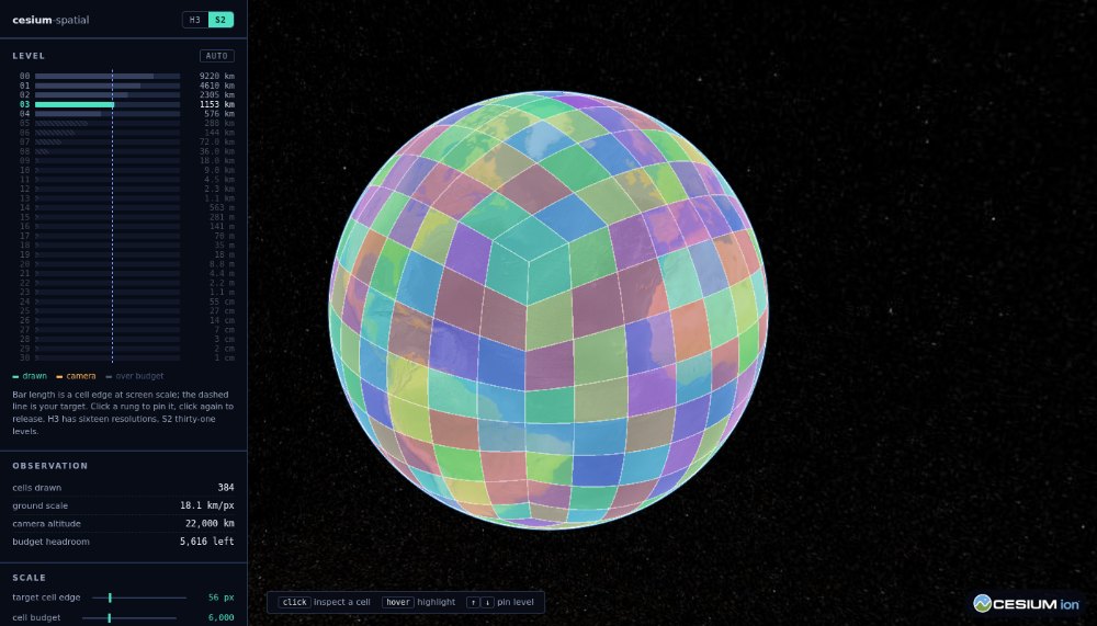 The six S2 cube faces drawn over a Cesium globe