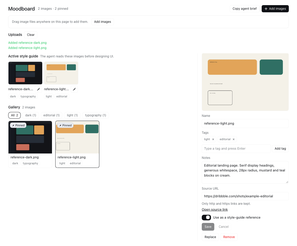 A moodboard panel: pinned style-guide strip, tag filter and image gallery