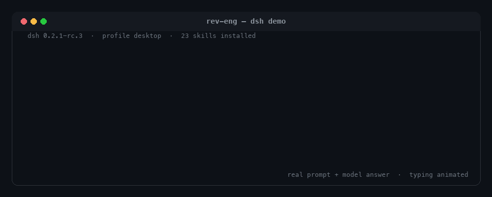 A dsh session routes a two-job prompt through /rev-eng: reverse-engineer-anything for an Electron app.asar, bama for a native macOS app.