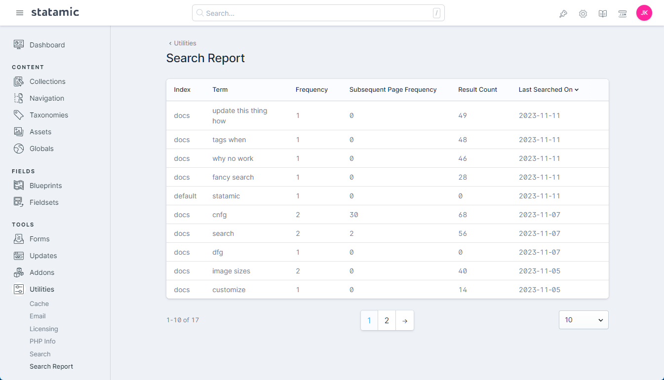 Search Report Control Panel Report
