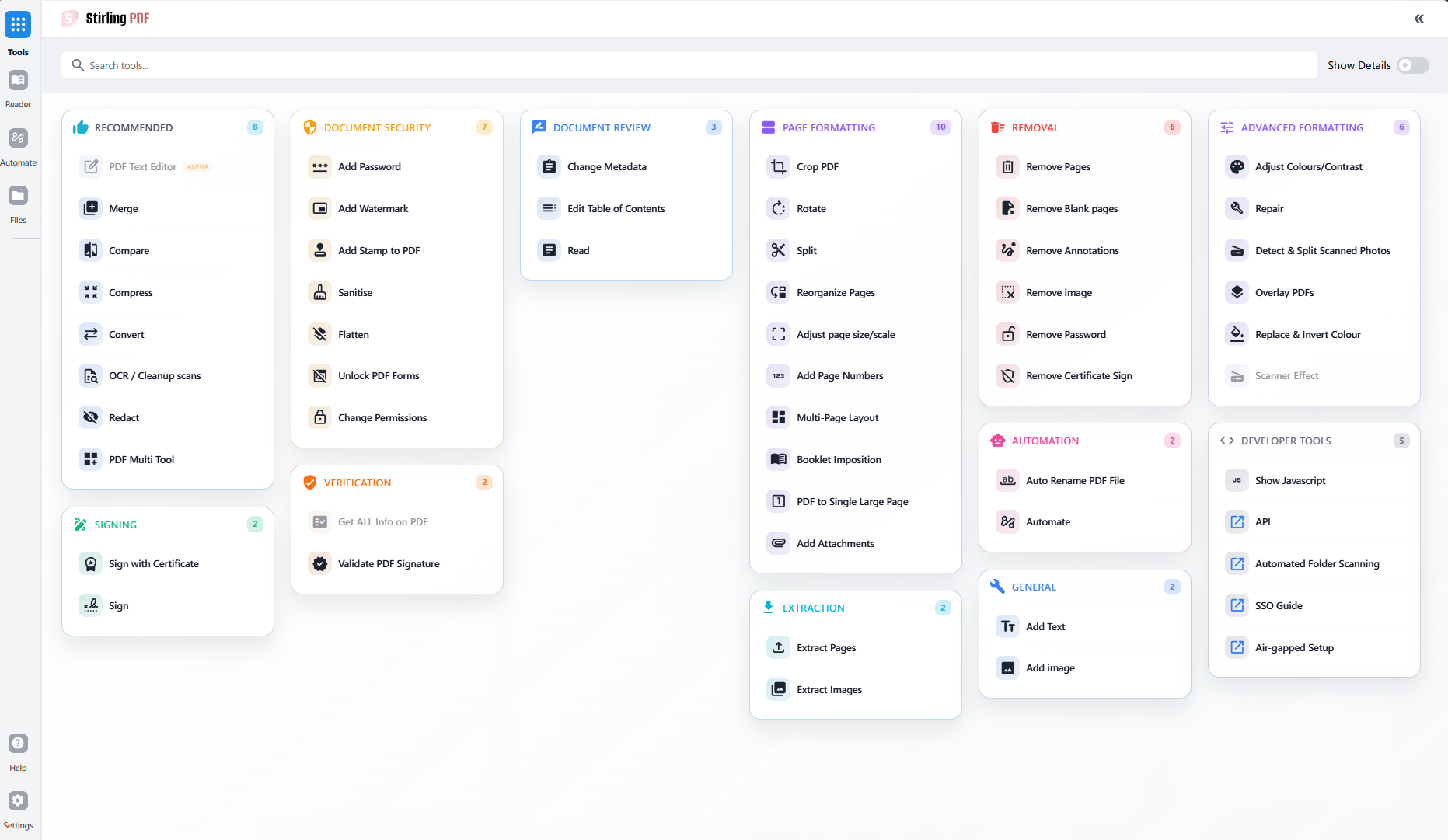 Stirling PDF custom dashboard view with pinned tools and dark theme