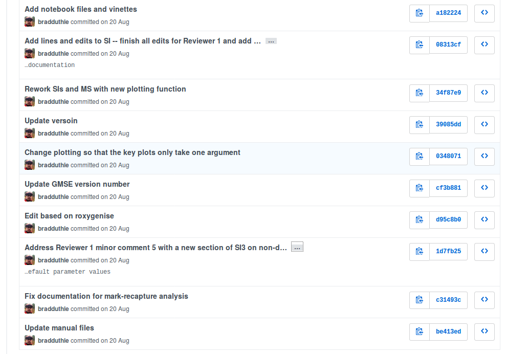 *An example of the timeline of commits for a recent project. Bold titles on top show more recent changes committed to the repository; the bold messages are written at the time of committing, and make it easier to see important changes added over time. In GitHub, you can click on these bold titles to see what changes were made since the last commit; from here, you can also see the whole repository as it was during the time of commit (you can also do this by clickling on the `< >` buttons on the right).*