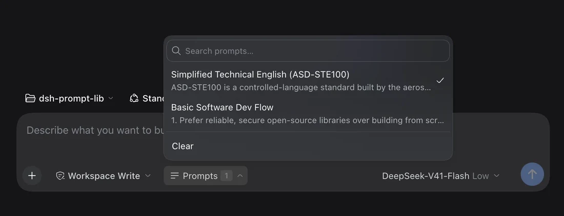 Prompts picker open in the chat composer, one prompt ticked and one available