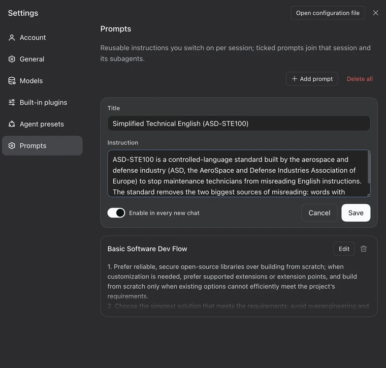 Settings → Prompts page with a prompt editor open and a saved prompt below