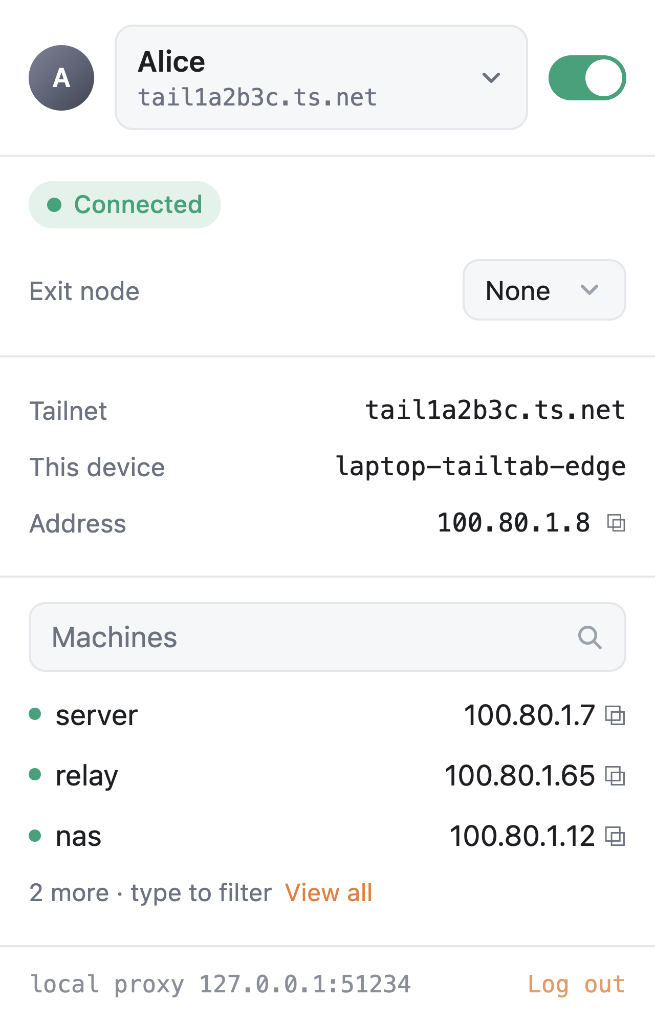 Tailtab popup, light theme