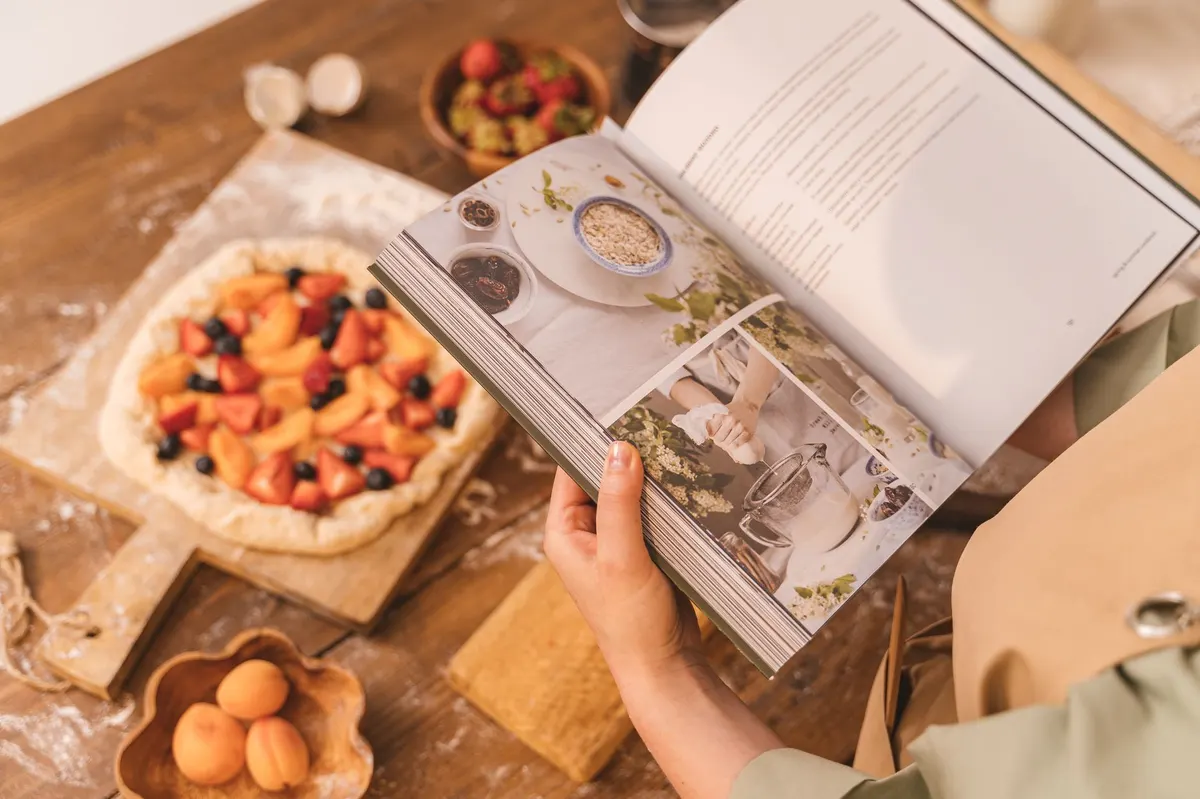 open cookbook brass easel kitchen