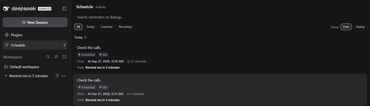 Schedule control center with search, filters, grouping and reminder status