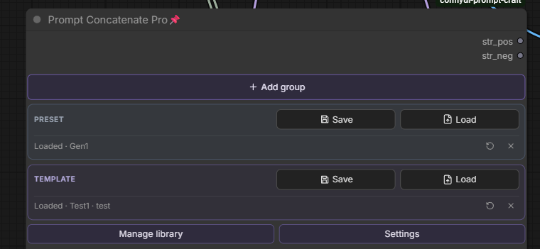 Node: Preset / Template sections + Loaded chips