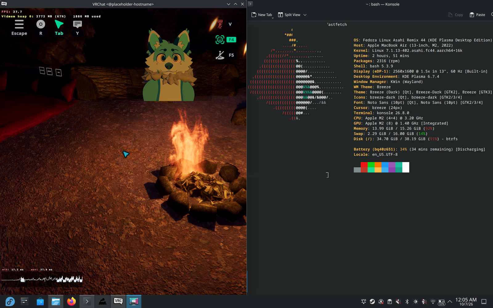 VRChat running on an Apple M2 under Fedora Asahi Remix through the patched FEX-Emu, beside a fastfetch of the host