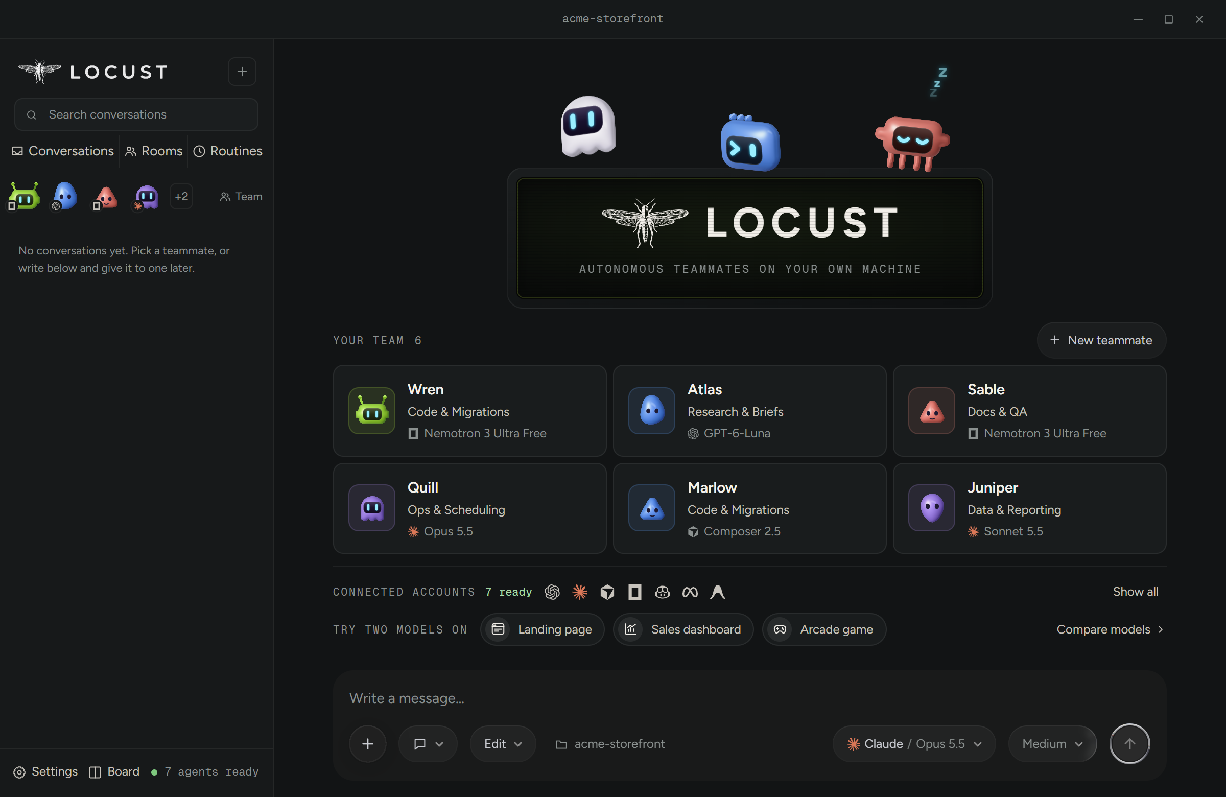 Locust home: a team of six, each teammate on its own AI and model, and Connected accounts: 7 ready