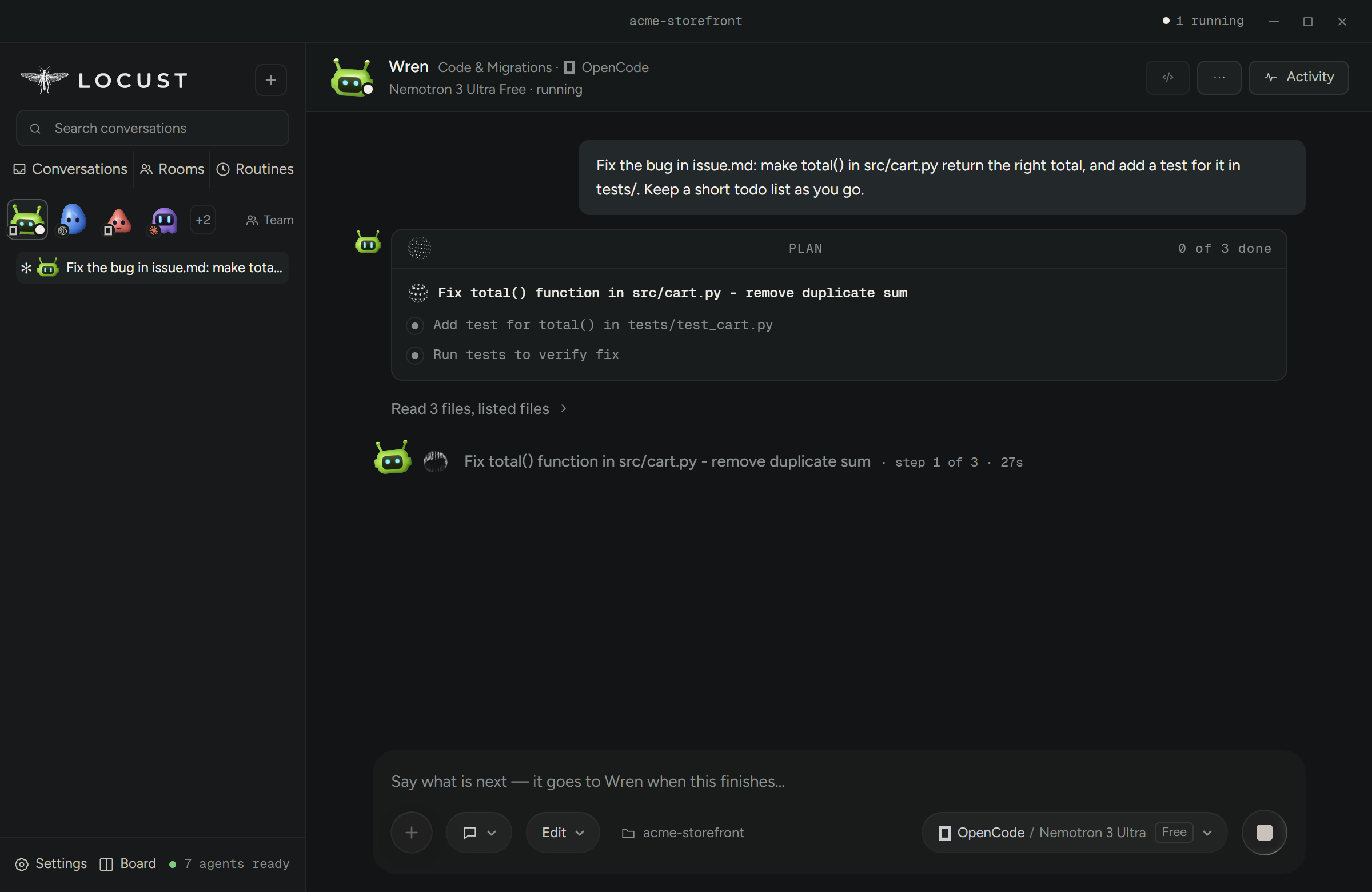 A teammate working in Edit mode with a three-step plan card, step 1 under way
